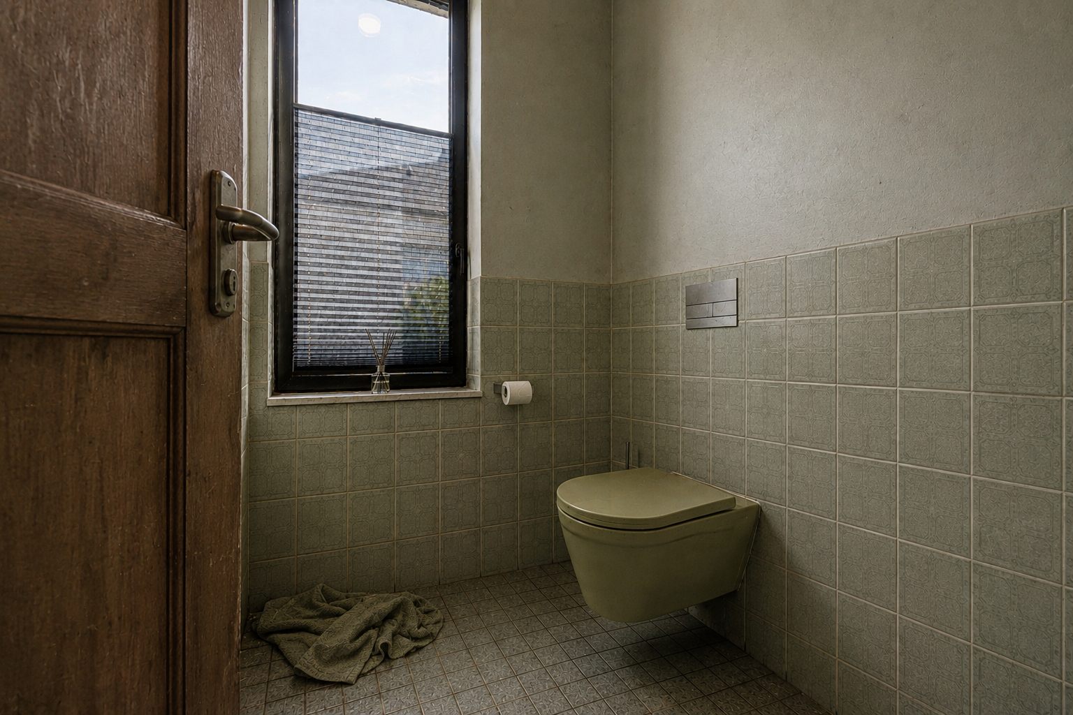 Badezimmer vorher, alt gefliest mit Fugen
